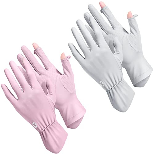 Loopeer 2 Packs Women Sun Protection Driving UV Gloves Full Finger Touchscreen Non Slip Breathable Summer Outdoor Gloves(Roundel,Classic Grey, Classic Purple)