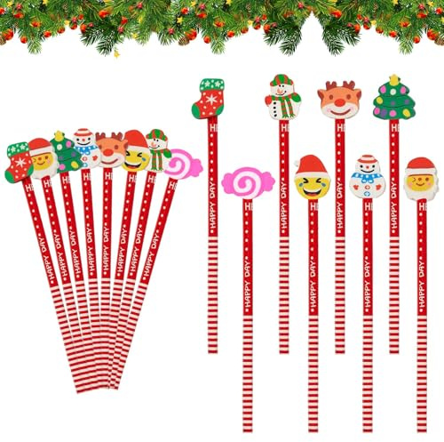 24 Julpennor med Suddgummi, Träpennor för Barn, Studenter med Julsnögubbe, Jultomte, söt Tecknad Serie, Pennor för Jul Småsaker Barns Julklapp Belöningar Studenter