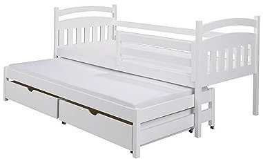 KEF Kinderbett 80x170 cm - Marco - Bett aus Holz mit Stauraum - Tagesbett mit Lattenrost - Jugendbett und Mädchenbett für Kinderzimmer - Ausziehbett für Zwei Personen - Weiß