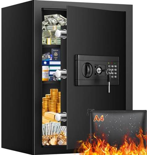 67L Großer Tresor Feuerfest Wasserdicht für Zuhause mit Feuerfest Wasserdicht Dokumententasche, Feuerfester MöBeltresor mit Schlüssel | Herausnehmbares Regal, Safe Tresor für Schmuck Bargeld Dokumente