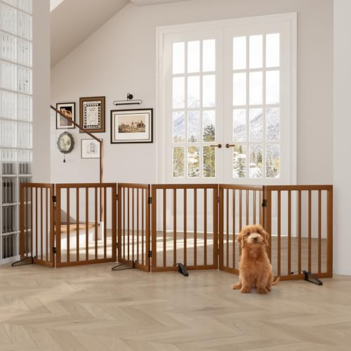 Semiocthome hundgrindar i trä för huset extra breda, 6-panels fristående husdjursgrindar med 4 st metallstativ för dörröppningar och trappor, vikbara hundstaket inomhus, expanderar upp till 280 cm/110