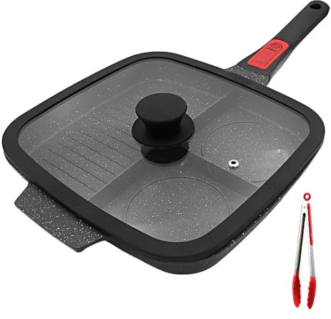 Bobikuke 3 Section Grill Pan for Stove Tops with Detachable Handle, Nonstick Versatile Griddle Pan with Lid, Square Skillet PFOA Free, Black
