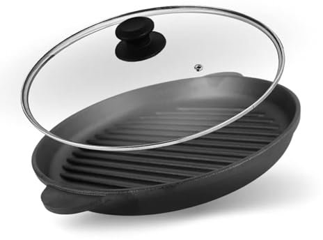 4BIG.fun Sartén de hierro fundido de 30 cm de diámetro, con tapa de cristal, 2 asas, sartén para servir