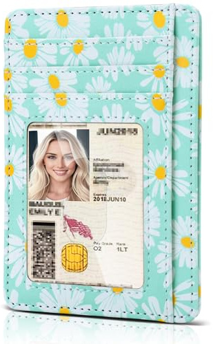 Teskyer Women Card Holder Wallet, Slim Credit Card Wallets, Minimalist, RFID Blocking, 1 ID Window, Holds up to 8 Cards, Daisies