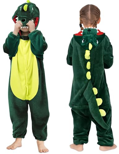 Costume de Dinosaure Enfants, Combinaison Dinosaure Costume d'animal Cosplay Grenouillère Unisexe Combinaison de Dinosaure avec Capuche Vêtements de Nuit pour Enfants Halloween Carnaval Cosplay 120cm