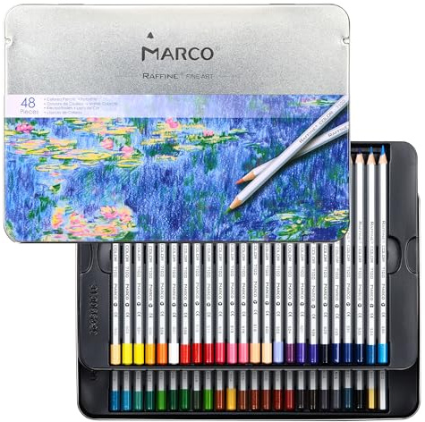 MARCO Matite Colorate a Base di Olio - 48 Colori, Mine Grosse - Ideali per Illustrazioni e Graffiti - In Scatola di Ferro per Principianti e Artisti