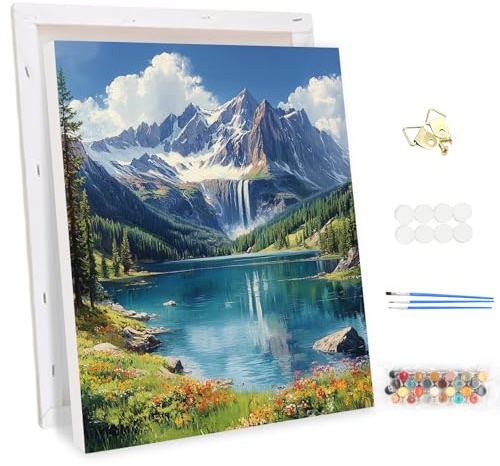 MEIYUDA Pintar por Numeros Adultos con Marco Montaña, DIY Cuadro al óleo con Números para Cascada, Kit de Pintura al óleo Digital para Adultos de Lienzo, Decoración 30x40cm(Caja regalo)