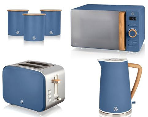 Swan Nordic Blue 1.7L Jug Kettle, 2 Slice Toaster, 800W 20L Digital Microwave & Canisters. Scandinavian Inspired Design Matching Kitchen Set of 6 in Nordic Blue