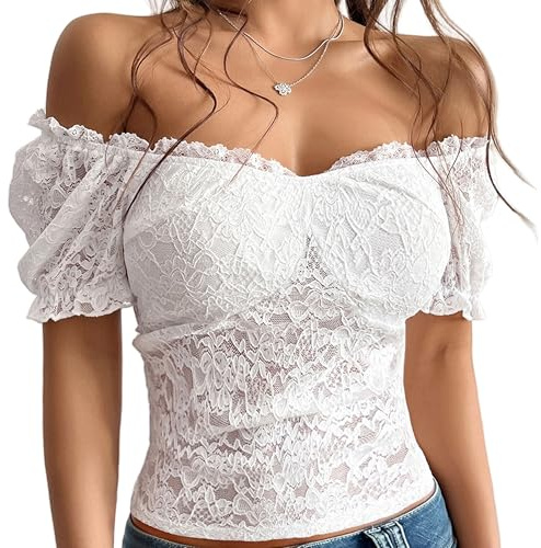KWSTAIN White Off The Shoulder Top for Women Short Puff Sleeve Lace Tops Sexy Valentine's Day See Through Summer Floral Corset Top Y2K Blouse Shirts 2025 Trendy (White,M)