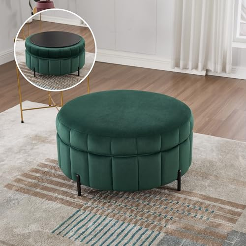 31.5 Round Coffee Table with Storage, Velvet Upholstered Storage Stool with Reversible Lid, Tufted Pumpkin-Shape Footstool for Living Room Office (Green)
