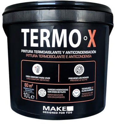 MAKE Termo X | Pittura Termica, Termoisolante, Anti-Condensa, Antimuffa Interni 10 L - 60 m2 - Bianco Isolante Traspirante per Pareti Umide, Bagni, Cucine, con perle di vetro 3M e Ioni d’Argento