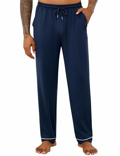 Crewhpo Pantalon Pyjama Homme Coton Long Poches Taille Élastique Cordon | Tissu Doux et Respirant, Coupe Longue Décontractée, Taille Élastique, Confort pour Dormir, Se Détendre et Rester à la Maison