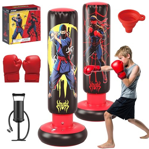 Inflatable Kids Punching Bag 66”, Ninja & Hero Double-Sided Boxing Bag for Boys & Girls Ages 3-12, Durable Bounce-Back Karate Training Toy with Gloves, Indoor & Outdoor Active Play Gift