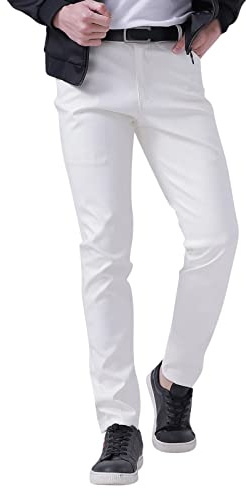 Pantaloni in pelle da uomo, slim fit, jeans in pelle con tasche e bottoni in tinta unita, stile retrò, classici e versatili, per il tempo libero, per attività notturne, pantaloni in gomma, bianco, XL