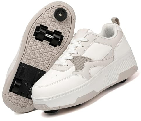 LIWLLIUA Schuhe mit Rollen für Kinder – 2-in-1 Rollschuhe und Turnschuhe für Jungen & Mädchen, verstellbare Skateboardschuhe,8855 Khaki,39 EU