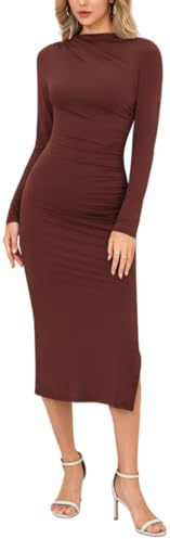 Sukiglam Vestito Donna Elegante Maniche Lunghe Mezzo Collo Midi Abiti Aderente Sexy Abito da Cerimonia Sera Cocktail Festa Ruched Tubino Lungo Vestiti con Spacco Bodycon Dress per Autunno Inverno