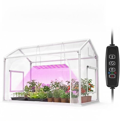 Mini invernadero con luz de crecimiento, temporizador e higrotermógrafo, 30 x 16 x 20 pulgadas, invernadero de mesa para interiores y exteriores con 96 luces LED regulables de espectro completo (3