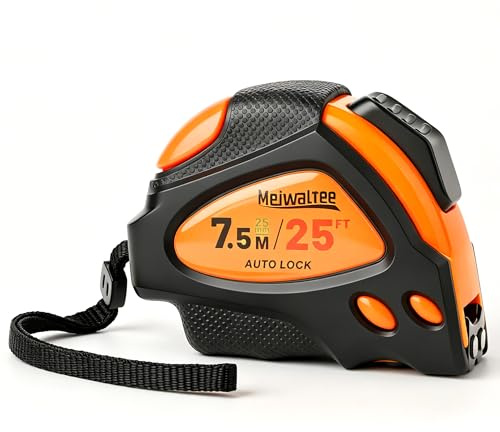 Meiwaltee Cinta Métrica Self-Lock 7.5M - 25 mm de ancho de hoja, Doble botón de liberación, Métrica y en pulgadas con fracciones, hoja reforzada con nailon, gancho magnético y funda protectora de goma