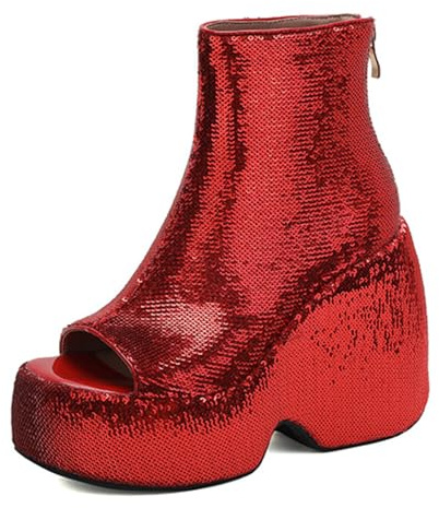 Stivaletti alla Caviglia con Piattaforma a Paillettes Donna Tacco Piattaforma 12CM Punta Peep Toe Stivaletti con Glitter Design con Cerniera Laterale per Notte di Festa,Rosso,38 EU