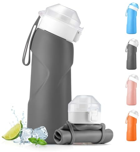 Fancysky Borraccia Pieghevole 700ml, Borraccia Morbida Silicone Senza BPA, Antigoccia, Leggera e Portatile, Bottiglia d'Acqua Pieghevole per Campeggio, Trekking, Sport e Uso Quotidiano (Grigio)
