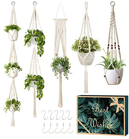 GROWNEER 5 Packs Macrame Plant Hangers with 5 Hooks, Different Tiers Handmade Cotton Rope Hanging Planters Set Flower Pots Holder Stand for Indoor Outdoor Boho Home Decor