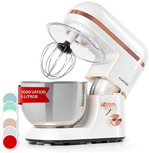Klarstein Batidora Amasadora con Bol, 5L para Hornear, Robot Cocina, Amasadora Reposteria 2000W, Gancho y Bol para Mezclar, Electrodomesticos Cocina Varillas Rotación Planetaria con 6 Velocidades