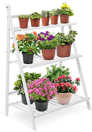 Wakects Estantería para flores con 3 estantes de madera, expositor para flores en escalera de madera, para balcón, exterior, jardín, soporte para flores, 70 x 40 x 96 cm (blanco)