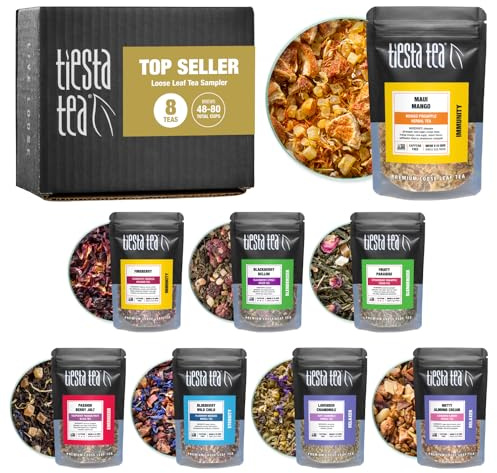 Tiesta Tea - Top 8 Favorites Sampler Set, Loose Leaf, Up to 80 Cups, High to No Caffeine, Hot & Iced, Tea Variety Pack with Green, Herbal, & Black, 8 Sample Pouches