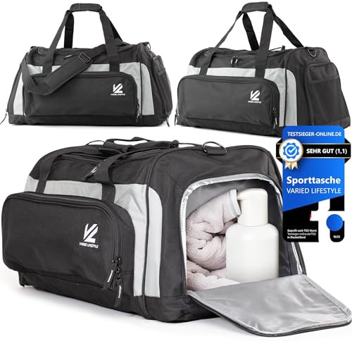 VL® Sporttasche mit Schuhfach und Nassfach & [Isoliertes Kühlfach] Saunatasche Groß & Reisetasche für Damen & Herren Gym Bag, Gym Tasche, Fitnesstasche, Trainingstasche, Duffel Bag 50L Schwarz-Grau