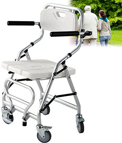 150kg Duschstuhl mit Armlehnen, Badhocker Klappbar mit Bremsbare Rollen und Abnehmbar Lehne, Duschhocker für die älteren, Aluminiumlegierung+U-Förmiger Schnitt