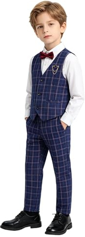 LOLANTA Boys Checked Waistcoat Set,Kids Wedding Formal Outfits,Pageboy Partywear (13-14 Years,Blue,Tag 170)