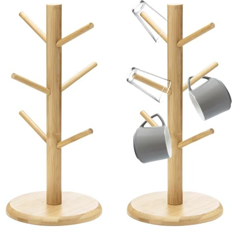HOMURY Lot de 2 porte-tasses en bois de bambou avec 6 crochets, porte-gobelets en bois, porte-bretzel, porte-bretzel, arbre à tasses, accessoires pour comptoir de cuisine, tablette