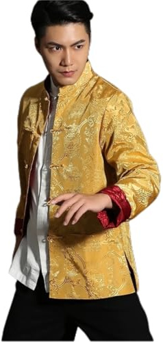 Tang Suit Men Hanfu Chinese Traditional Clothes Long Sleeve Top, Can be Worn on Both Sides (Red and Yellow, XL)