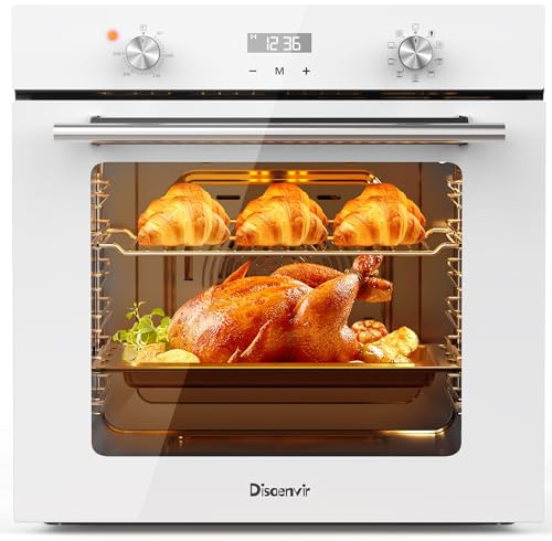 Disaenvir Electric Single Oven Built-in Integrated White, Installed Size 60 cm, 60L 2.2kW with Plug, Timer, 9 Functions, with Grill & Enameled Baking Tray,3D Hot Air Baking, Heat Protection Glazing