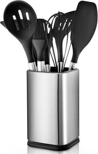 BEWOS Porta Utensili da Cucina - Porta Mestoli da Cucinacon Base Rimovibile, Porta Posate Cucina in Acciaio Inossidabile per Spatole e Cucchiai, Organizzatore per 10-15 Accessori