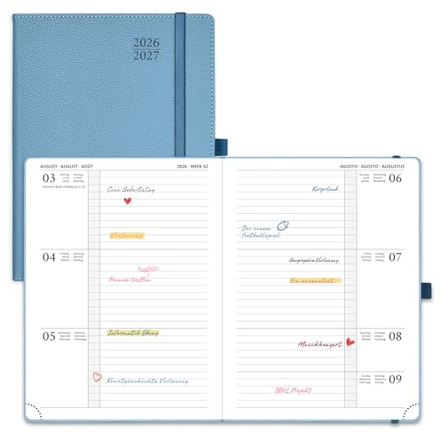 POPRUN Agenda 2026 2027 Dagsplanerare 22x16,5 cm, från Aug'26 - Dec'27, 17 Månader Skolkalender, Papper 80 gsm,Akvamarin