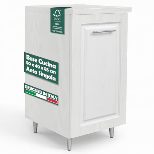 Shally Dogan Mobile Base per Cucina con Anta Singola e Due Scomparti Design Boiserie, Mobiletto con Struttura in Legno Robusta e Resistente, Mobile Componibile, 40 x 50 x 85H cm (Bianco Frassinato)