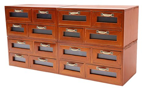 4 unidades de armario farmacéutico vintage de madera, 16 cajones con ventana, organizador de escritorio para oficina y manualidades, caja de cajones retro para artículos pequeños, almacenamiento