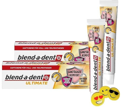 2 confezioni di crema adesiva Blend-a-Dent ULTIMATE – 2 tubetti ciascuno da 40 g – precedentemente PROFESSIONAL La nostra migliore crema adesiva – per protesi parziali e protesi complete + 1 gomma