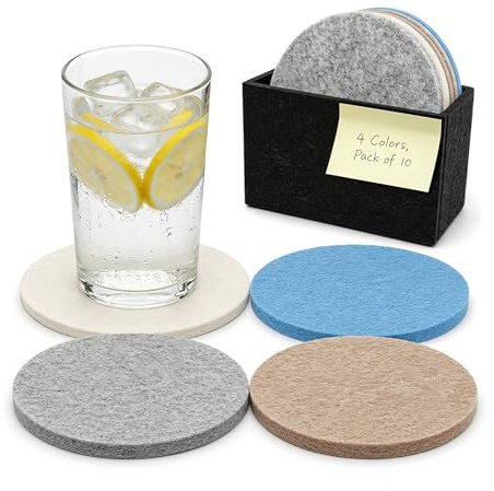 Ateweita Dessous de Verre Feutre Rond Lot de 10, sous Verre Absorbant 10cm épais 5mm, Dessous de Verre pour Verres Tasses avec boîte, Protection Table Bar Cuisine Bureau (Blue + Gray, Carrée)