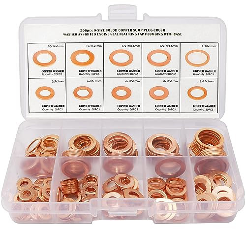 ADNEWX 200 Stk Kupferdichtringe, Kupferringe Sortiment M5 M6 M8 M10 M12 M14 Kupfer Dichtring Flach Unterlegscheiben für KFZ, Motorrad Motor Verbindungselemente