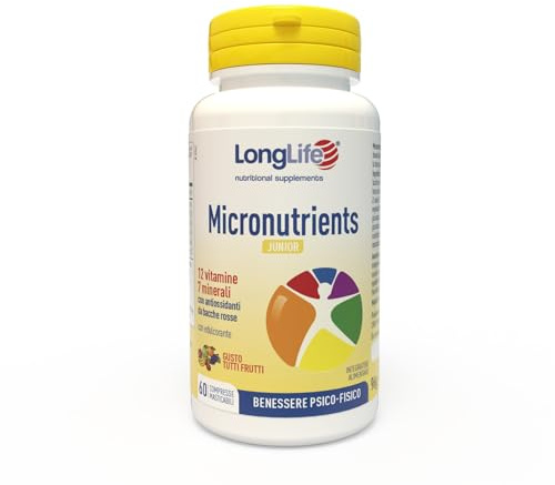 LongLife® Micronutrients Junior | 12 vitamine e 7 minerali per bambini e adolescenti | Multivitaminico-minerale | Compresse masticabili | Fino a 2 mesi di trattamento | Vegetariano e senza glutine
