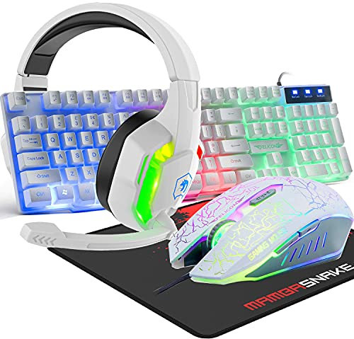 LexonElec Clavier de jeu filaire 104 touches stéréo 3D avec rétroéclairage RVB et micro ergonomique réglable 2400 DPI Grand tapis de souris étanche pour PC, Mac, gamer, bureau (4 en 1 Blanc)