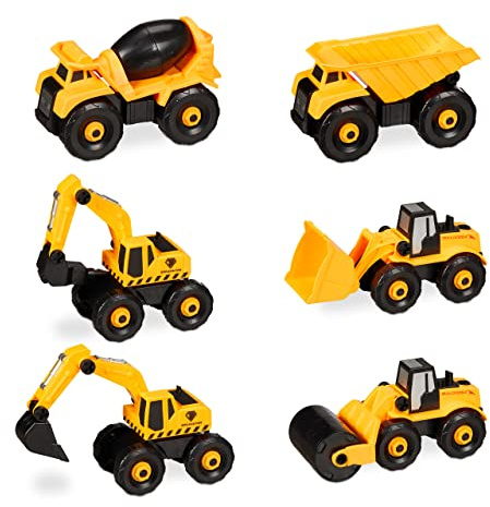 Relaxdays Baustellenfahrzeuge Kinder, 6-TLG. Set, Bagger Spielzeug, DIY, Schraubendreher, Box, ab 3 Jahre, gelb-schwarz