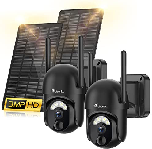 ctronics 2K 3MP Security Camera Überwachungskamera Aussen Solar 2 Set, Kabellos Überwachungskamera WLAN Akku, 355°/95° Schwenkbar PTZ, PIR Personenerkennung, IP66