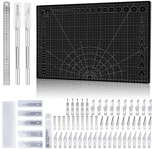 Miuzei Schneidematte Set A3 mit 55stk Bastelmesser und Stahllineal,Selbstheilende Bastelunterlage Schneideunterlage Cutting Mat Basteln Zeichenunterlage Bastelskalpell Bastelmatte (Schwarz)