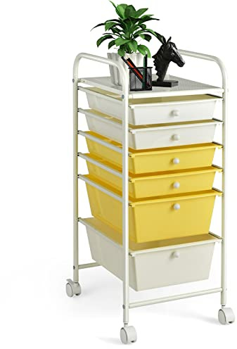 SILKYDRY 6 Drawer Rolling Storage Cart, Craft Cart with Wheels and Drawers, Art Cart Organizer for Kids, Teachers, Storage Trolley with Drawers for Home Office School (Yellow)