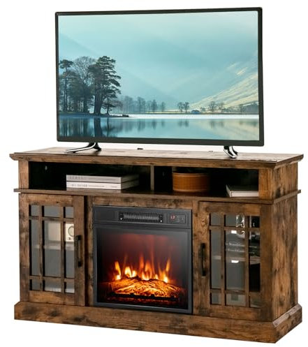 GiantexUK Electric Fireplace Insert TV Stand, Living Room Wooden Console Entertainment Center with Electric Fire, Overheat Protection & Remote Control, 1800-2000W (Brown, 18” Fireplace, for 55” TV)
