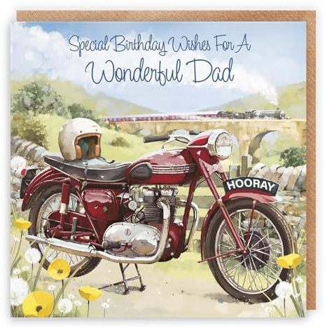 Hunts England - Grande carte d'anniversaire vintage pour papa - Train à vapeur - Moto classique - Superbe carte d'anniversaire artistique pour papa adulte - Collection Milo's Gallery - 210 x 210 mm