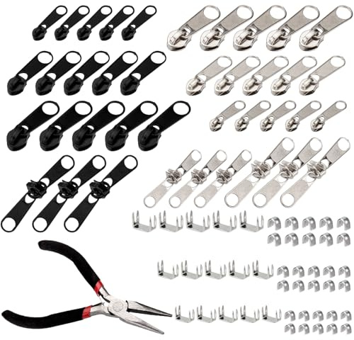 85 Piezas Cremallera Reparación de Cremallera Kit, Reemplazo de Cremalleras Kit, Cursor Tirador de Cremalleras de Repuesto Kits para Mochilas Ropa Chaquetas Equipaje, con Alicates
